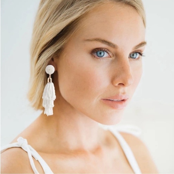 NEW PANACEA White Beaded Tassel Earrings - Picture 2 of 3